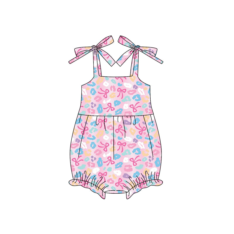 Preorder SR3124 Colored Leopard Bows Pink Halter Bubble Romper Baby Girls Boutique Outfits 202505