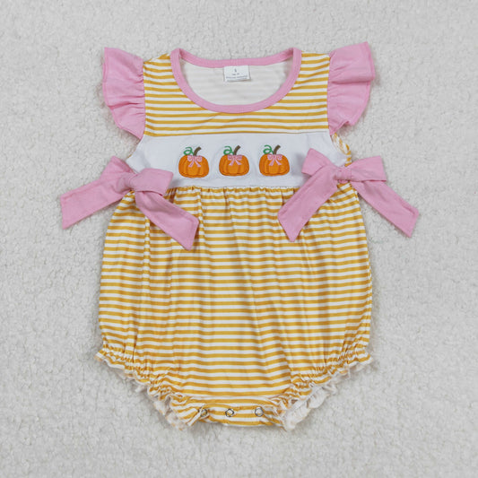 SR3125 Embroidered Pumpkin Orange Stripe Pink Bow Flying Sleeve Girls Bubble Romper 202508 RTS