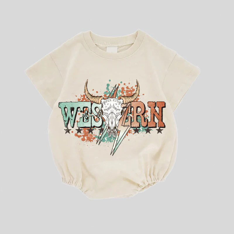 Preorder SR3127 Western Alpine Bull Head Lightning Beige Short Romper Baby Boy Boutique Outfits 202505