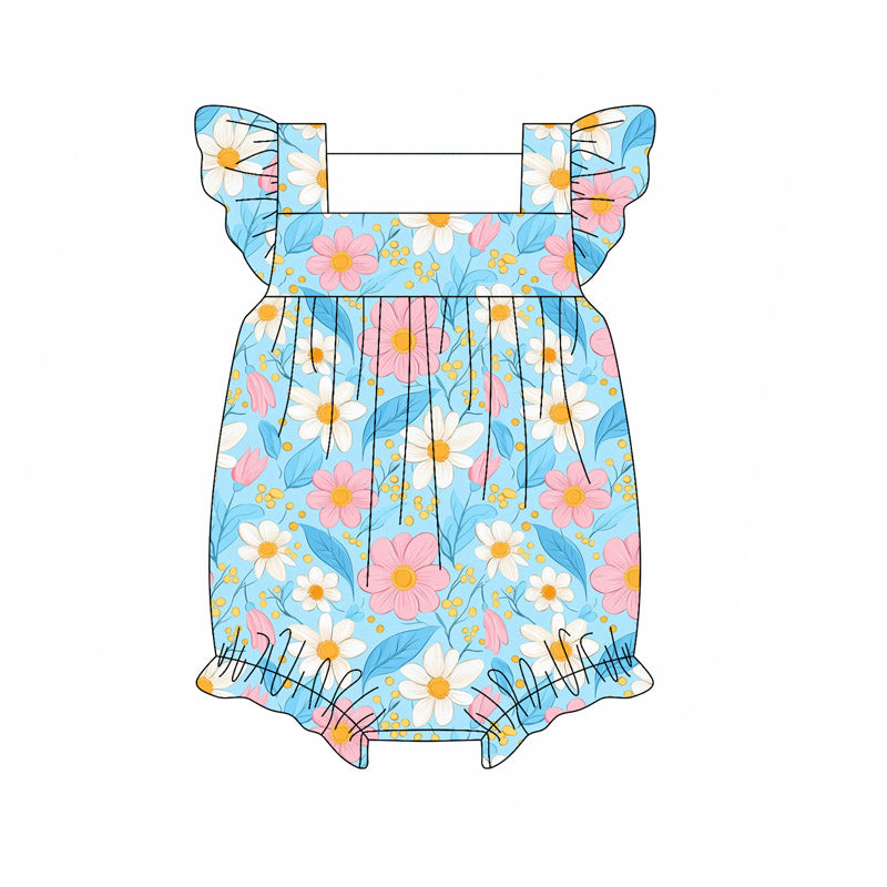 Preorder SR3129 Flower Blue Green Flying Sleeve Romper Baby Girls Boutique Outfits 202505