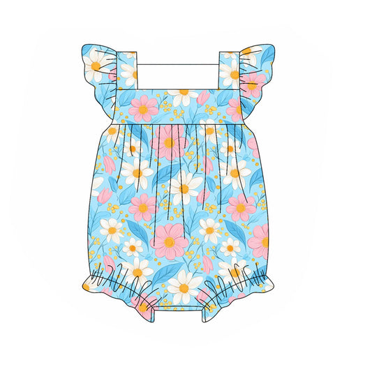 Preorder SR3129 Flower Blue Green Flying Sleeve Romper Baby Girls Boutique Outfits 202505