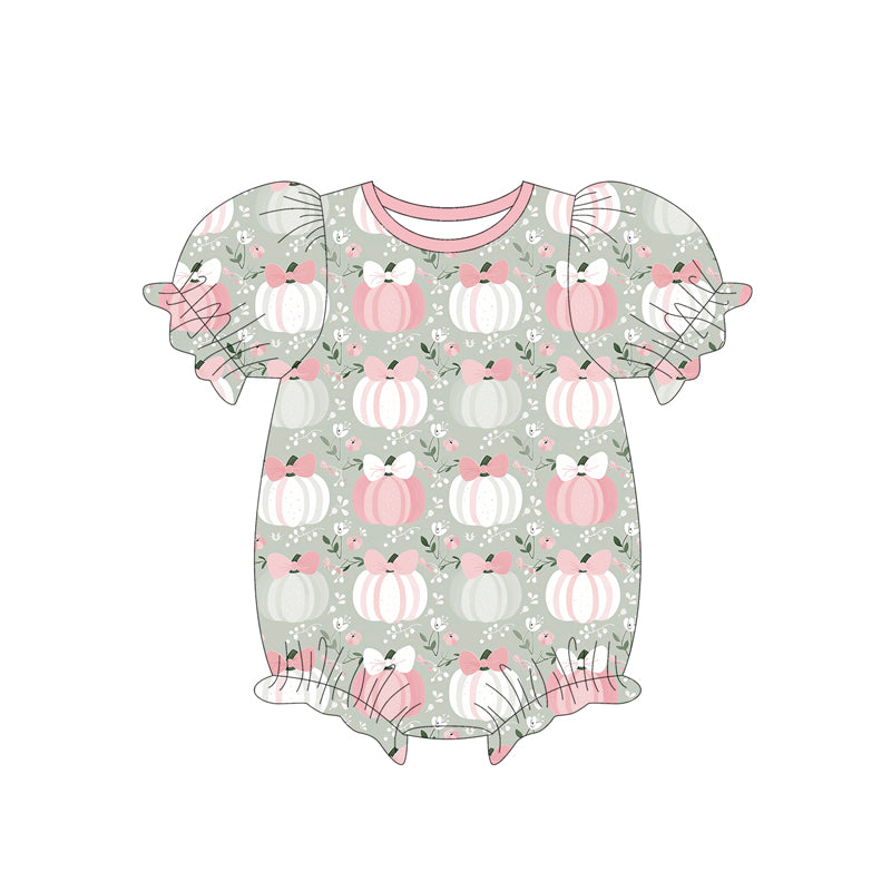 Preorder SR3130  Pumpkin Flower Green Short Sleeve Rompers  Baby Girls Boutique Outfits 202505