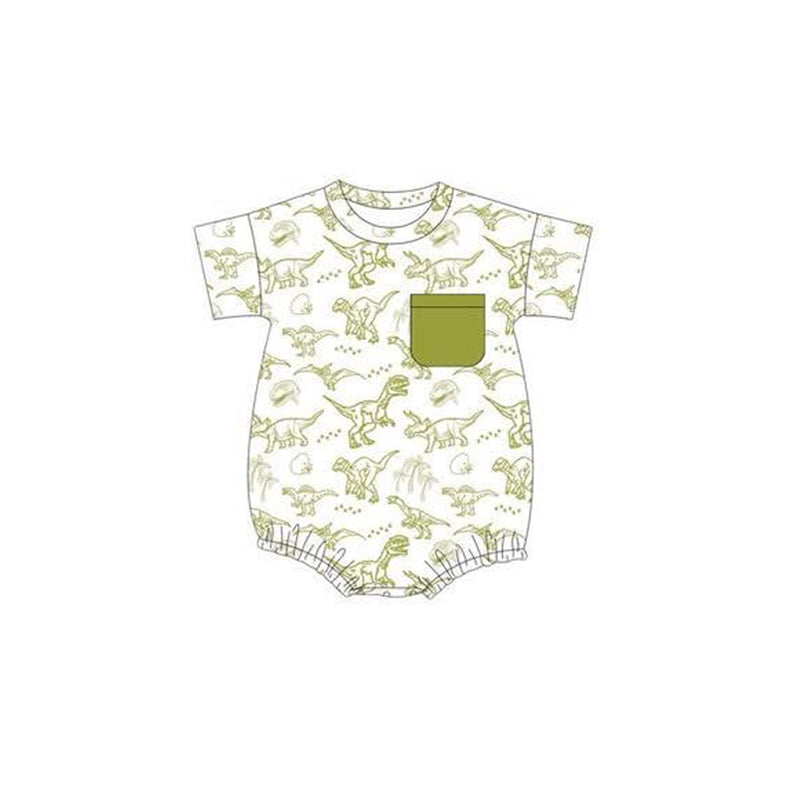 Preorder SR3136 Boys Boutique Green Pocket Dinosaur White Short Sleeve Rompers  202505