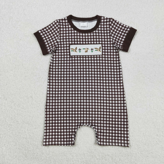 SR3164 Boys Boutique Embroidered Duck Hunting Brown Plaid Short Sleeve Romper 202509 RTS