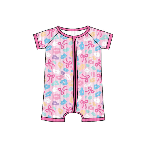 Preorder SR3165 Girls Boutique Leopard Bows Pink Ribbed Zipper Short Sleeve Romper 202506