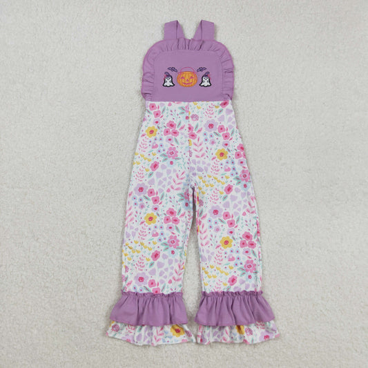 SR3177 Girls Boutique Embroidered Flower Pumpkin Ghost Purple Ruffle Overalls Jumpsuits 202508 RTS