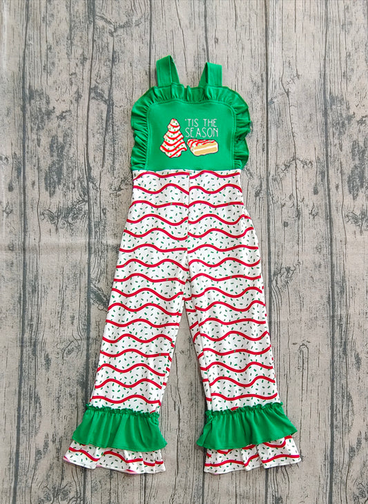Preorder SR3178 Girls Boutique Embroidered Santa Tree Green Ruffle Overalls Jumpsuits 202506