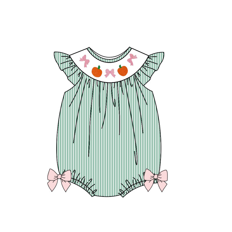 Preorder SR3183 Girls Boutique Pumpkin Bows Green Stripe Flying Sleeve Bubble Romper 202507