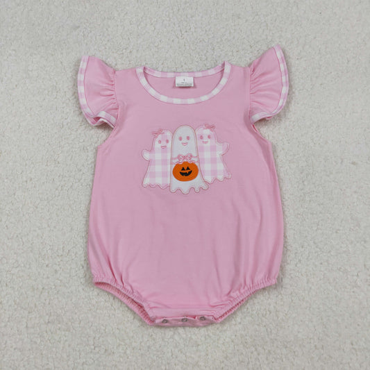 SR3196 Embroidered Halloween Ghost Pink Flying Sleeve Girls Bubble Romper 202509 RTS