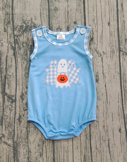 SR3197 Embroidered Halloween Ghost Blue Sleeveless Boys Bubble Romper 202509 RTS