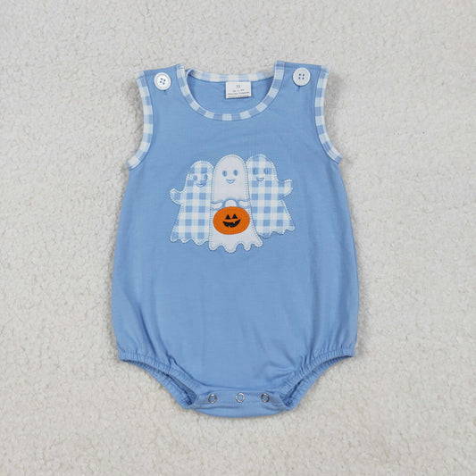 SR3197 Embroidered Halloween Ghost Blue Sleeveless Boys Bubble Romper 202509 RTS