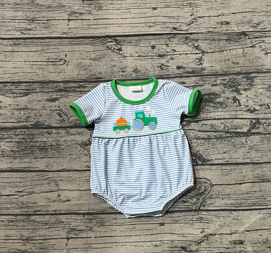 Preorder SR3201 Embroidered Pumpkin Blue Stripe Green Short Sleeve Boys Bubble Romper 202508