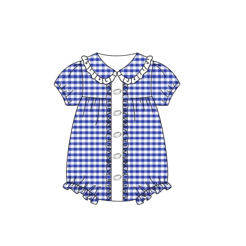 Preorder SR3209 Rugby Plaid Doll Collar Blue Short Sleeve Girls Bubble Romper 202508