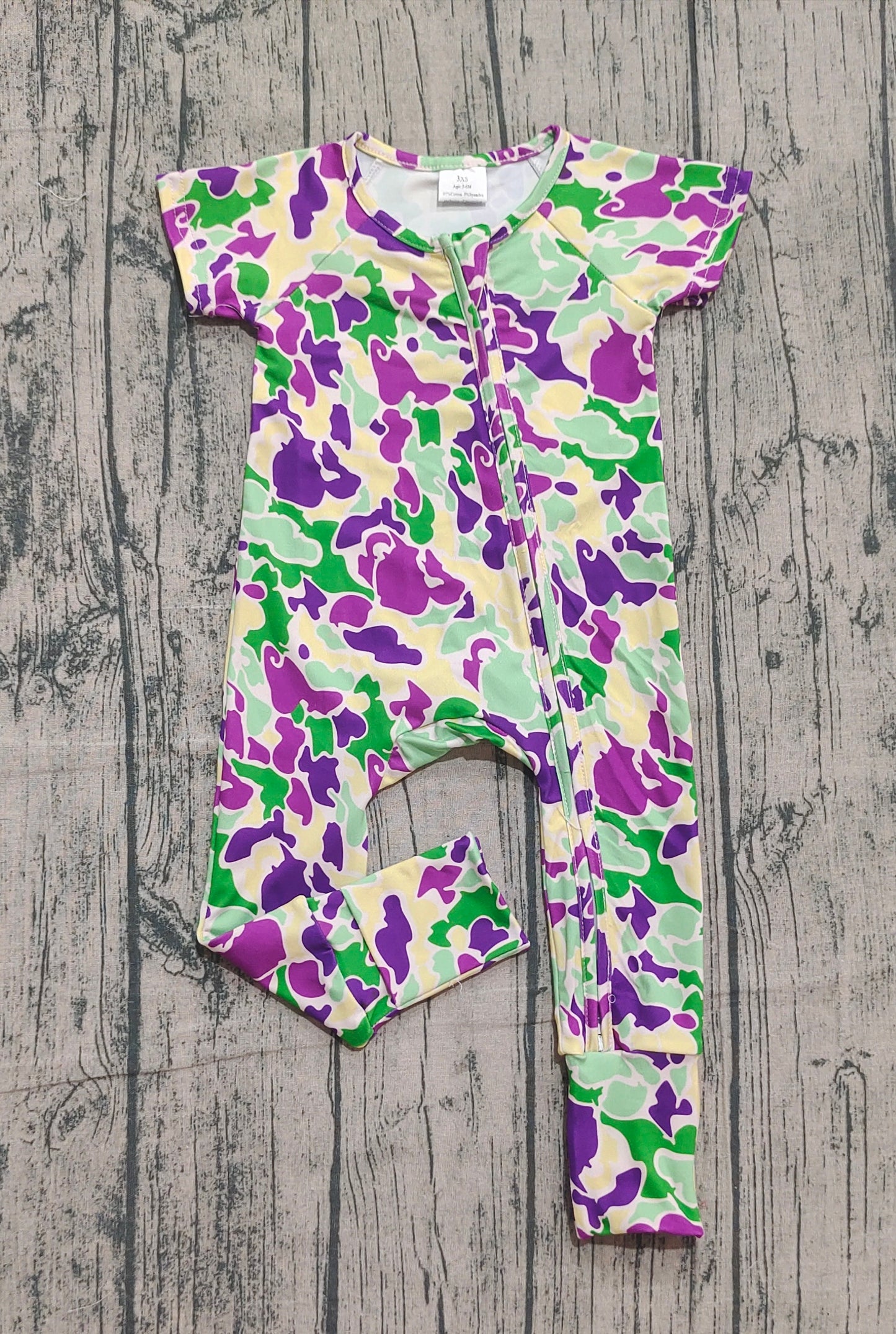 SR3211 Mardi Gras Purple Camo Zipper Short Sleeve Boys Romper 202510 RTS