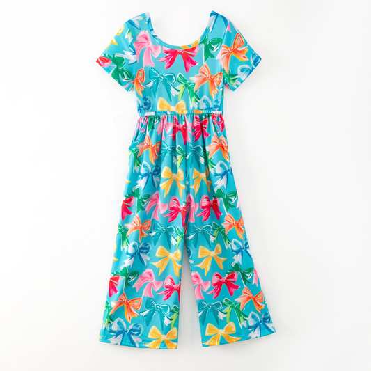 MOQ 8 Preorder SR3213 Bows Pattern Blue Green Short Sleeve Girls Overalls Jumpsuits 202509