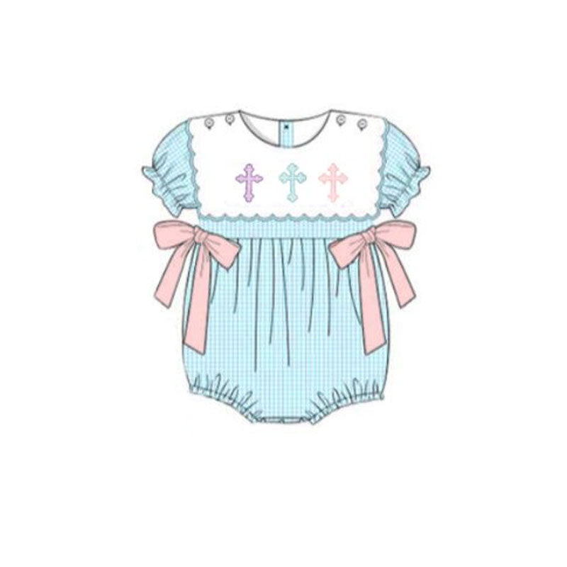 MOQ 8 Preorder SR3214 Easter Cross Bows Short Sleeve Girls Bubble Romper 202509 Sibling