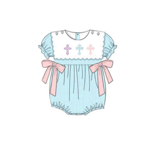 MOQ 8 Preorder SR3214 Easter Cross Bows Short Sleeve Girls Bubble Romper 202509 Sibling
