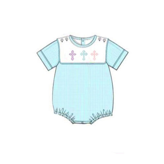 MOQ 8 Preorder SR3215 Easter Cross Short Sleeve Boys Bubble Romper 202509 Sibling