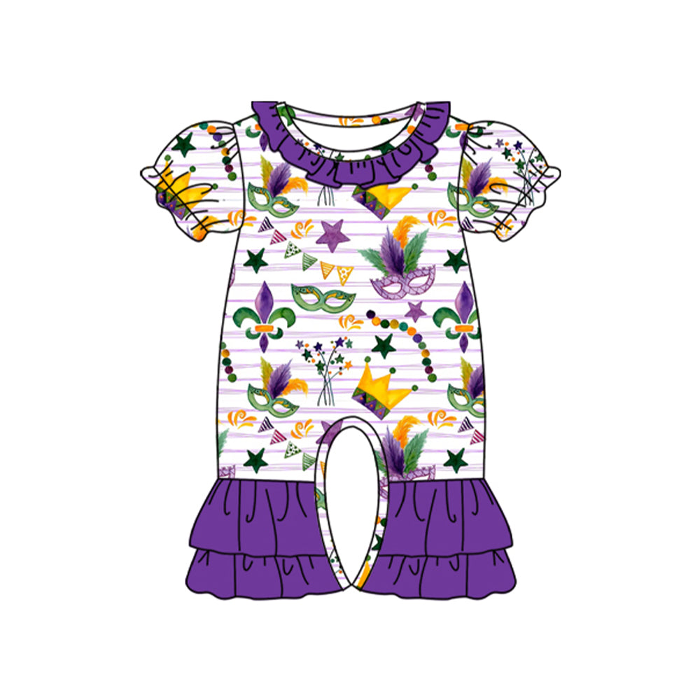 MOQ 8 Preorder SR3224 Mardi Gras Purple Ruffle Short Sleeve Girls Romper 202509 Sibling
