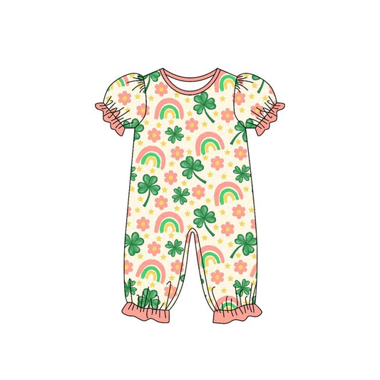 MOQ 8 Preorder SR3225 St. Patrick's Day Four-Leaf Clover Rainbow Flower Star Ruffle Zipper Short Sleeve Girls  Romper 202509