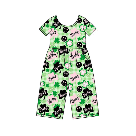 MOQ 8 Preorder SR3237 St. Patrick's Day Four-Leaf Green Short Sleeve Girls  Overalls Jumpsuits 202509
