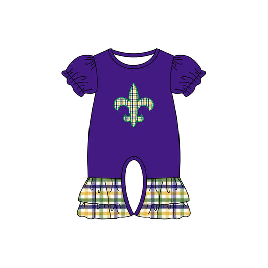 MOQ 8 Preorder SR3240 Mardi Gras Plaid Ruffle Purple Short Sleeve Girls Romper 202509 Sibling