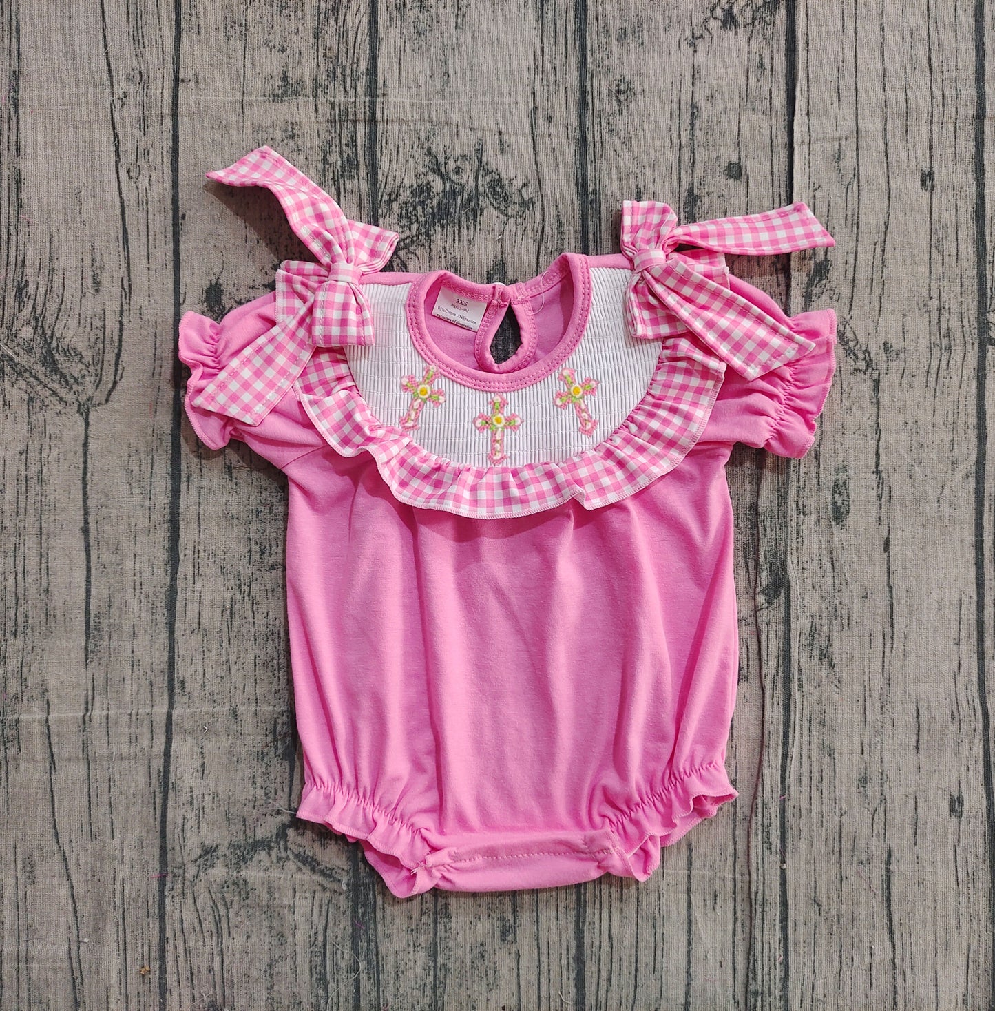 NO MOQ Preorder SR3250 Smocked Easter Cross Pink Ruffle Short Sleeve Girls Bubble Romper 202511