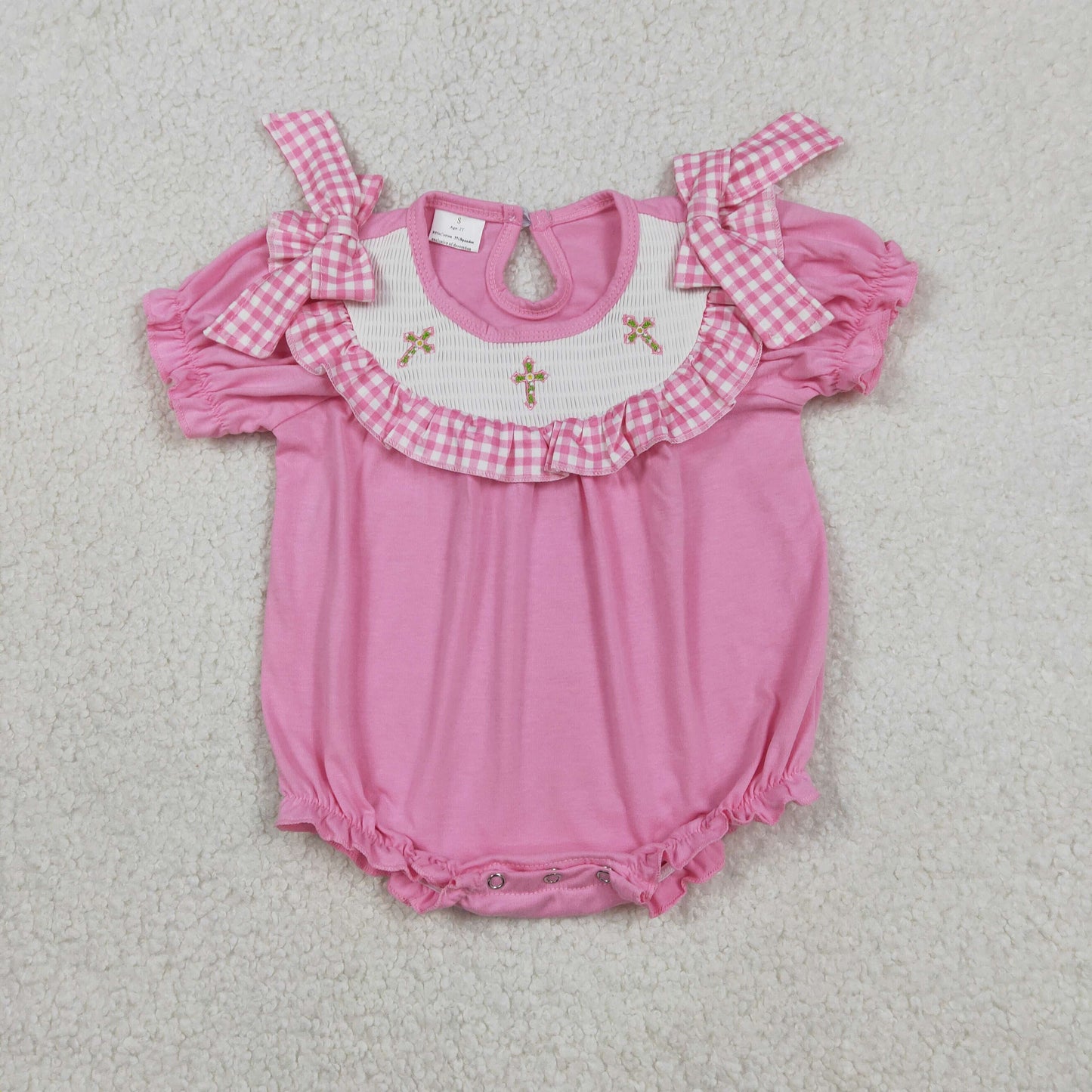 SR3250 Smocked Easter Cross Pink Ruffle Short Sleeve Girls Bubble Romper 202601 RTS