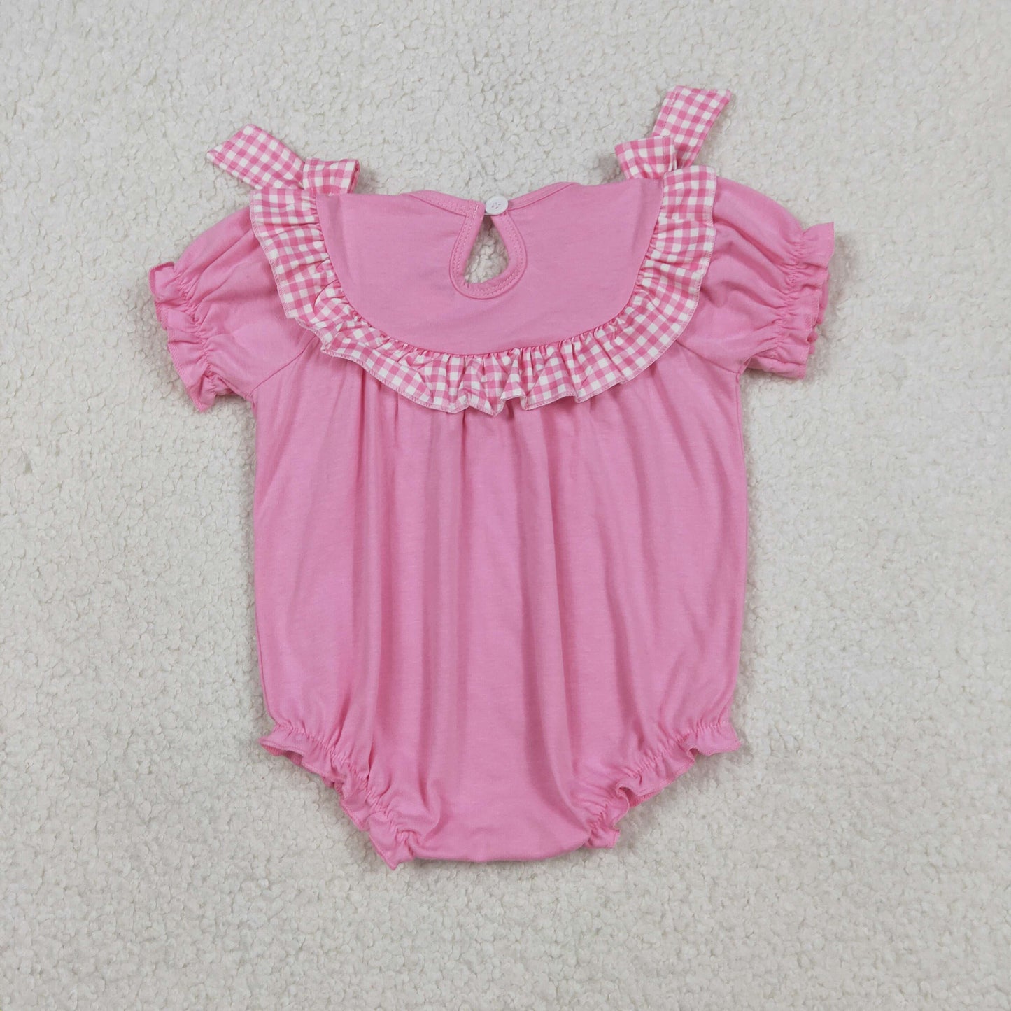 SR3250 Smocked Easter Cross Pink Ruffle Short Sleeve Girls Bubble Romper 202601 RTS