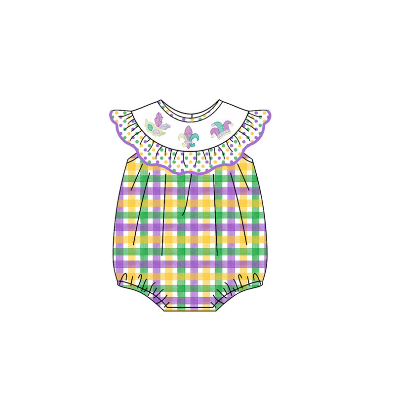MOQ 8 Preorder SR3253 Mardi Gras Plaid Flying Sleeve Girls Bubble Romper 202509