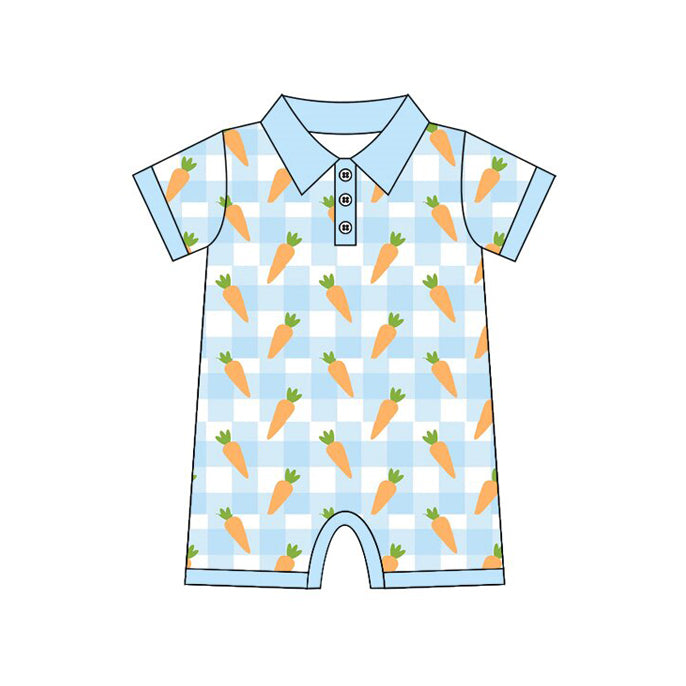 MOQ 8 Preorder SR3254 Easter Carrot Blue Plaid Polo Short-Sleeved Boys Romper 202509