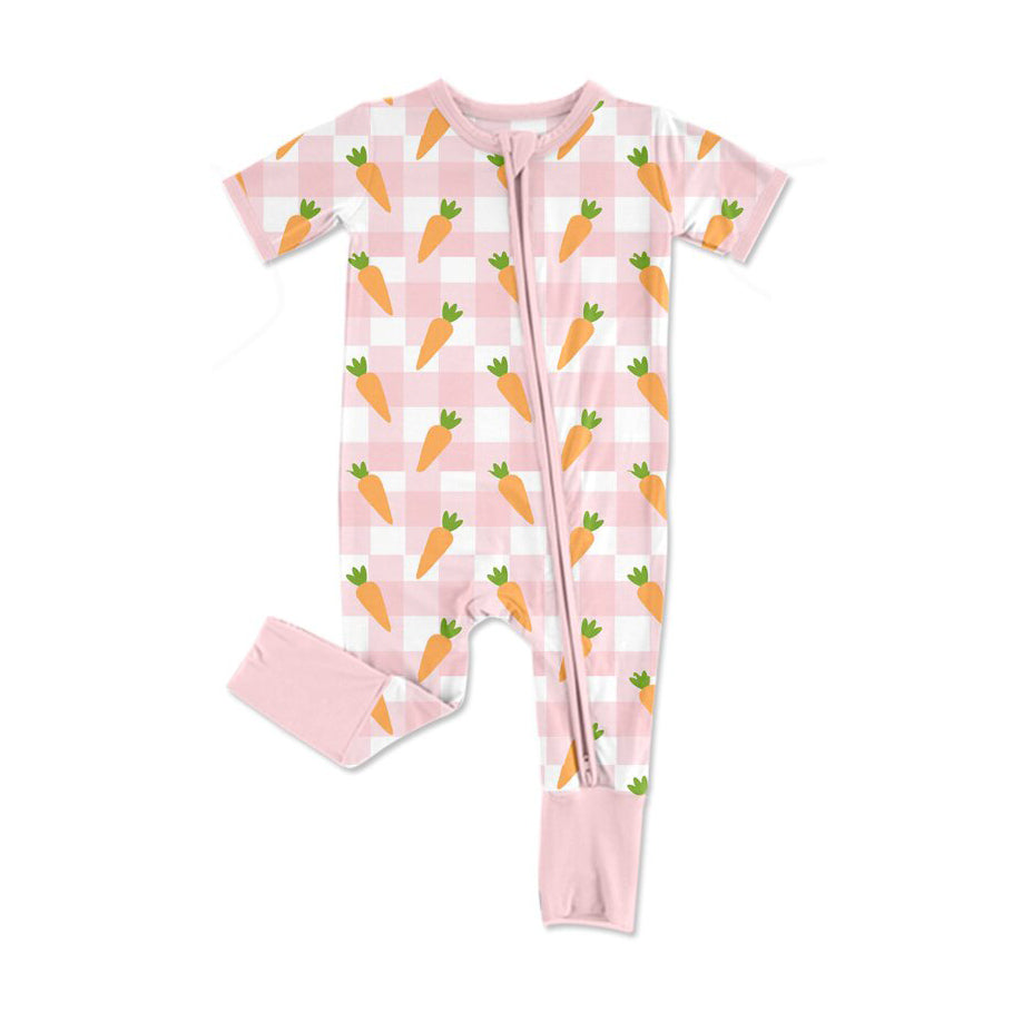 MOQ 8 Preorder SR3255 Easter Carrot Pink Plaid Zipper Short-Sleeved Girls Romper 202509