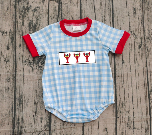 NO MOQ Preorder SR3257 Embroidered Mardi Gras Crayfish Blue Plaid Red Neck Short-Sleeved Boys Bubble Romper 202510