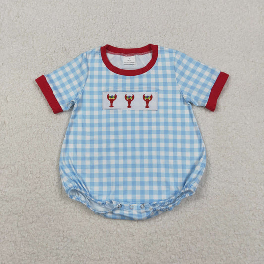 SR3257 Embroidered Mardi Gras Crayfish Blue Plaid Red Neck Short-Sleeved Boys Bubble Romper 202511 RTS