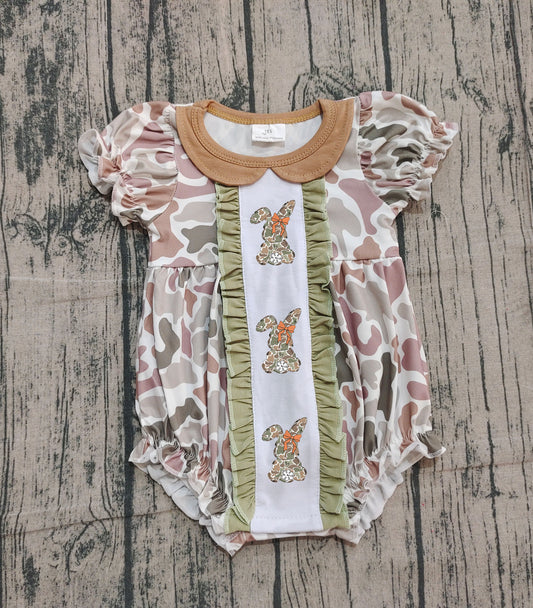 NO MOQ Preorder SR3259 Embroidered Easter Bunny Camouflage Doll Collar Ruffle Short-Sleeved Girls Bubble Romper 202510
