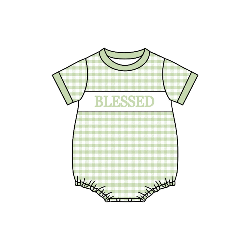 MOQ 8 Preorder SR3261 Blesses Letter Green Plaid Short Sleeve Boys Bubble Romper 202510