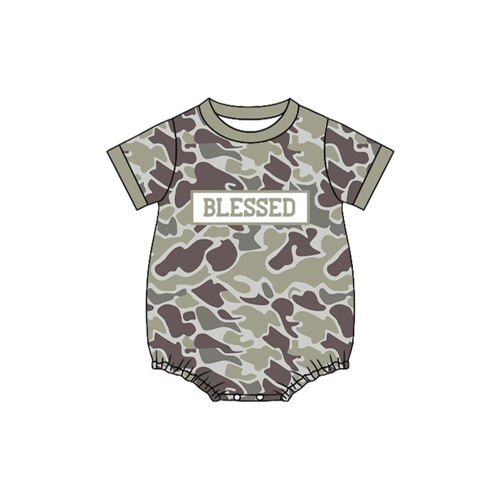 MOQ 8 Preorder SR3263 Blesses Letter Army Green Camouflage Short Sleeve Boys Bubble Romper 202510