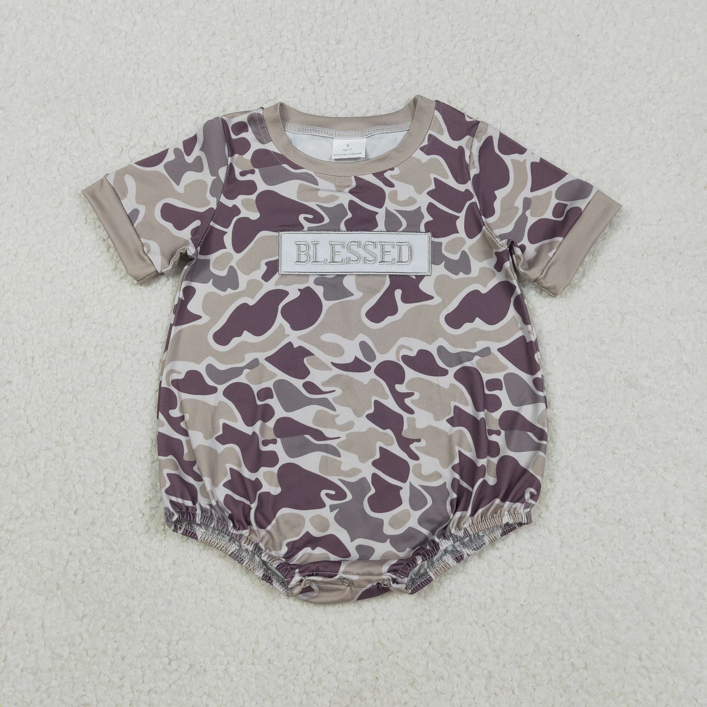 SR3263 Embroidered Blesses Letter Army Green Camouflage Short Sleeve Boys Bubble Romper 202512 RTS