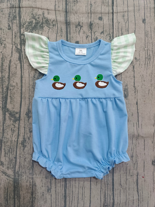 NO MOQ Preorder SR3266 Embroidered Three Ducks Blue Flying Sleeve Girls Bubble Romper 202512 Sibling