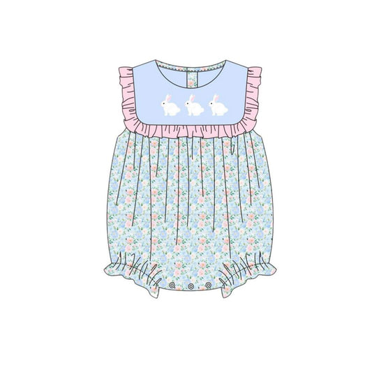 MOQ 8 Preorder SR3271 Easter Bunny Floral Pink Ruffle Sleeveless Girls Bubble Romper 202510 Sibling