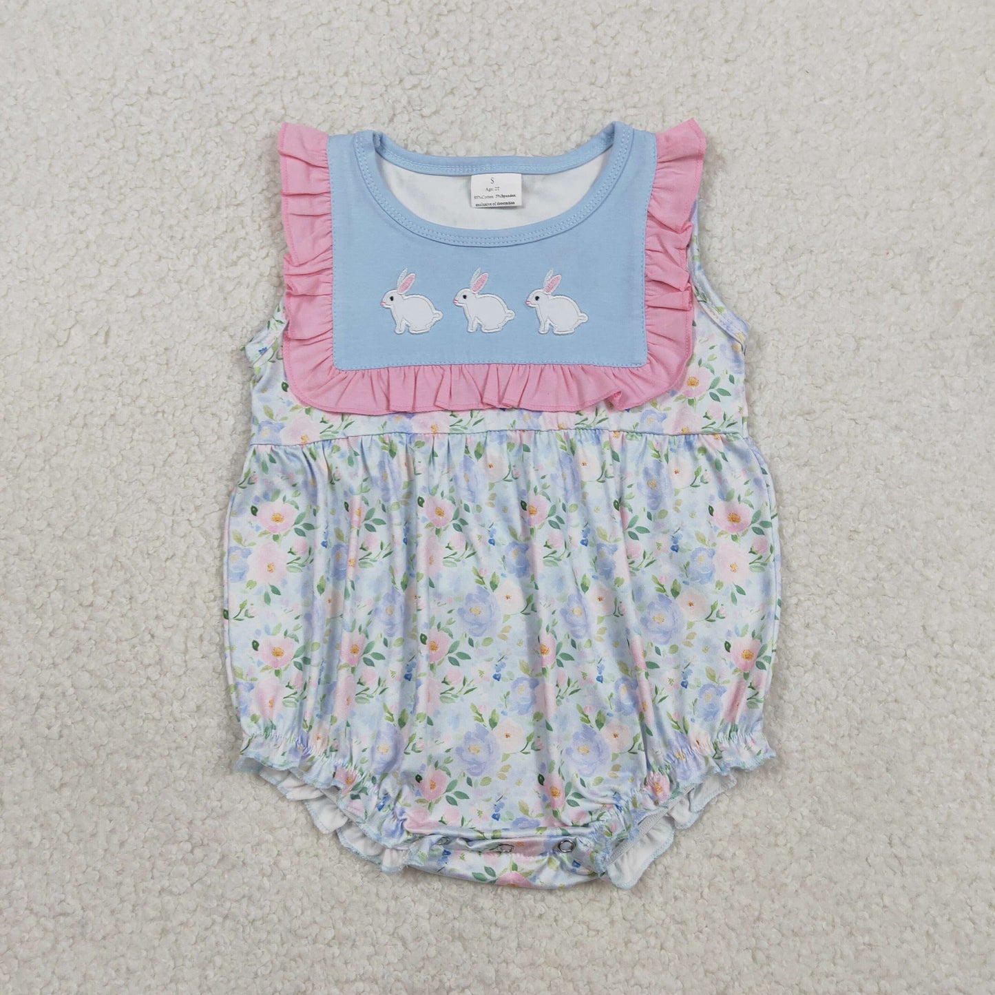 SR3271 Embroidered Easter Bunny Floral Pink Ruffle Sleeveless Girls Bubble Romper 202601 RTS Sibling