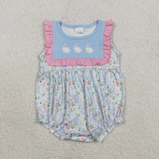 SR3271 Embroidered Easter Bunny Floral Pink Ruffle Sleeveless Girls Bubble Romper 202601 RTS Sibling