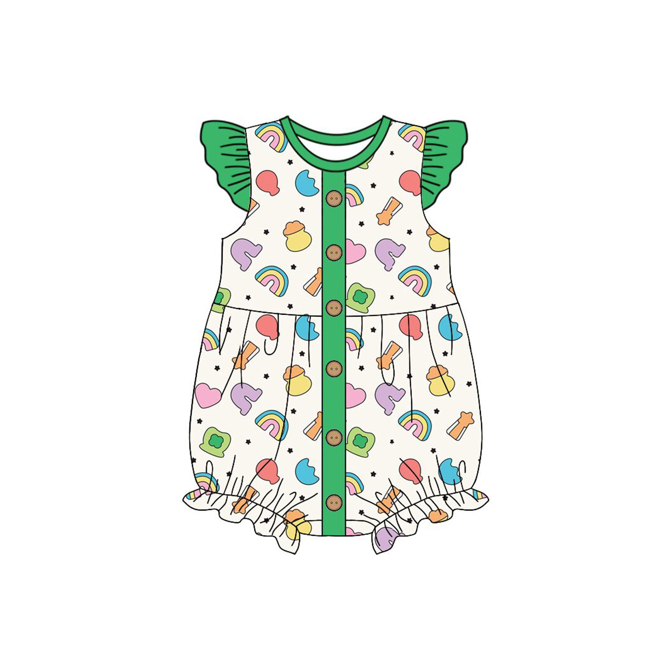 MOQ 8 Preorder SR3275 Lucky Girl Green Flying Sleeve Girls Bubble Romper 202510 Sibling
