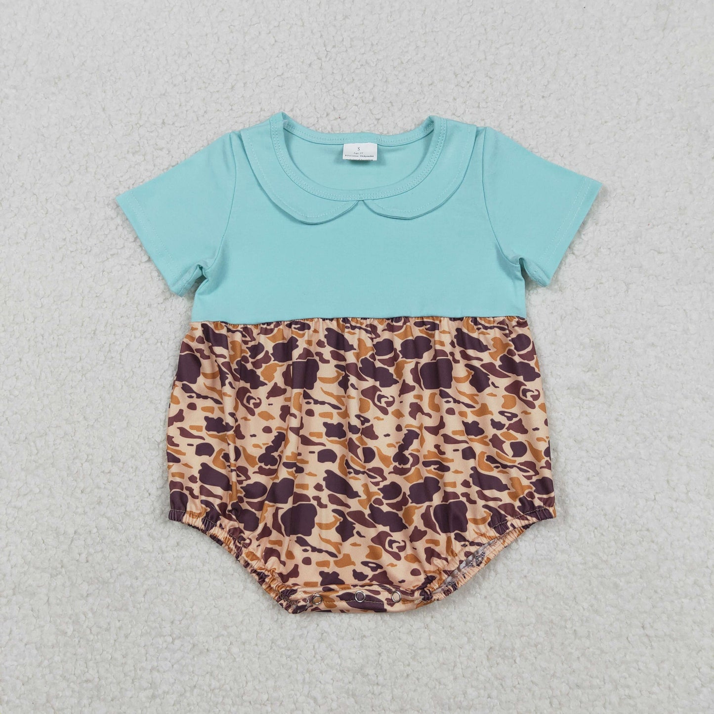 SR3277 Green Doll Collar Camo Short Sleeve Boys Bubble Romper 202512 RTS Sibling