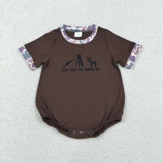 SR3280 Embroidered Deer Hunting Brown Short-Sleeved Boys Bubble Romper 202511 RTS