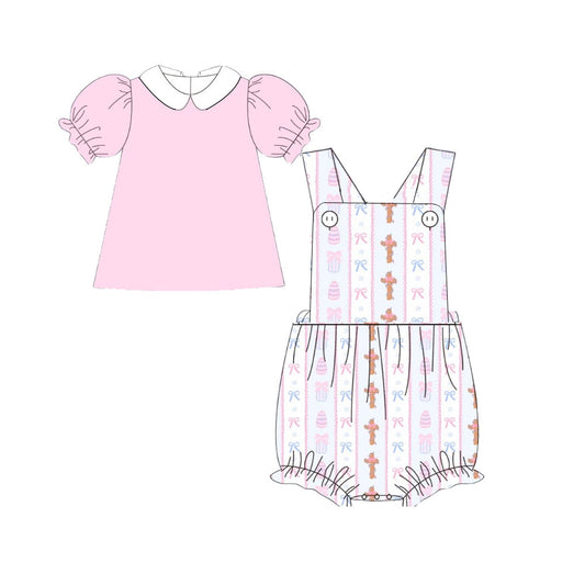 MOQ 8 Preorder SR3282 Easter Cross Bows Stripe Pink Sleeveless with Doll Collar Shirts Baby Girls Outfits 202510