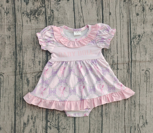NO MOQ Preorder SR3291 Valentine's Day Flower Bows Ruffle Pink Purple Puff Short-Sleeved Girls Bubble Romper 202510