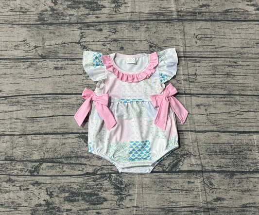 NO MOQ Preorder SR3293 Valentine's Day Flower Bows Plaid Ruffle Pink Flying-Sleeved Girls Bubble Romper 202510