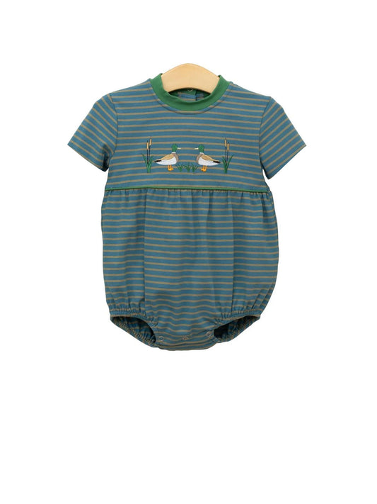 MOQ 8 Preorder SR3296 Ducks Dark Green Stripe Short Sleeve Boys Bubble Romper 202510