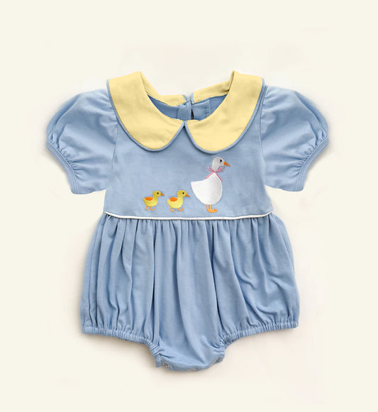 MOQ 8 Preorder SR3298 Duck and Goose Yellow Doll Collar Blue Short Sleeve Girls Bubble Romper 202510 Sibling